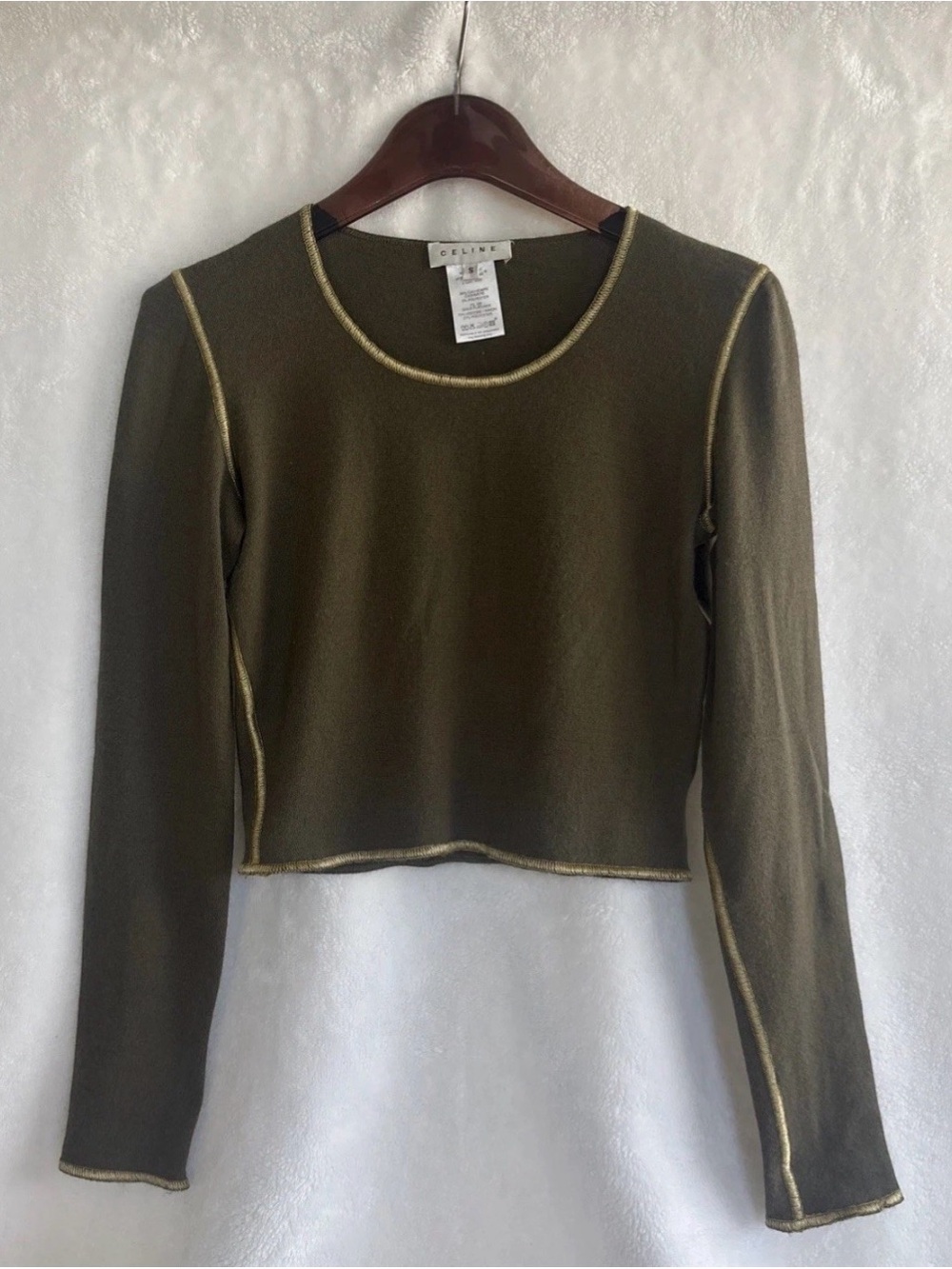 CELINE Olive Green Cashmere Sweater With Gold Stitching Long Sleeve Size S